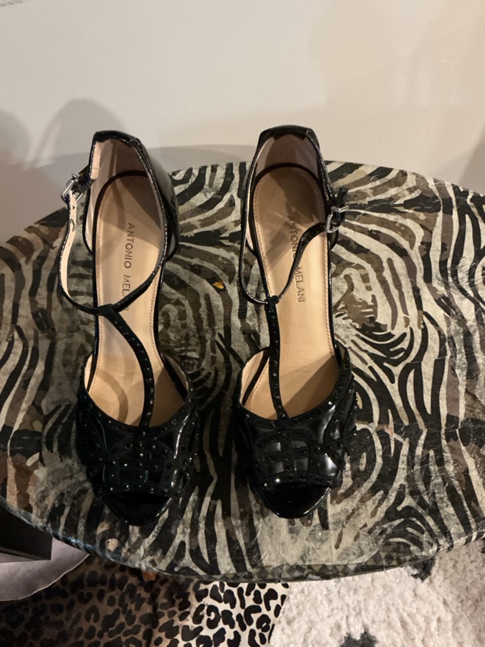 ANTONIO MELANI Black T-Strap Studded Peep-Toe Heels